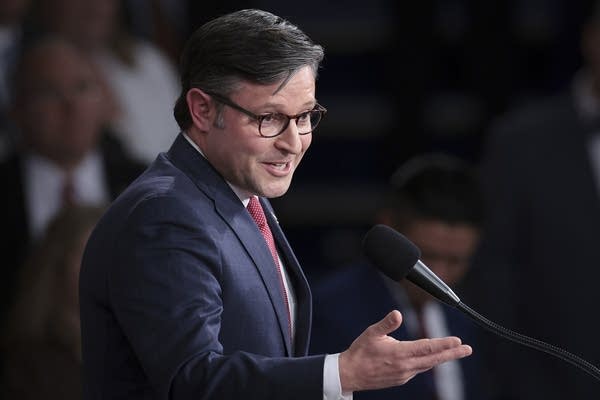 WASHINGTON, DC - OCTOBER 25:  Newly elected Speaker of the House Rep. Mike Johnson (R-LA) speaks in the House chamber after his election at the U.S. Capitol on October 25, 2023 in Washington, DC. After a contentious nominating period that has seen four candidates over a three-week period, Johnson was voted in to succeed former Speaker Kevin McCarthy (R-CA), who was ousted on October 4 in a move led by a small group of conservative members of his own party.