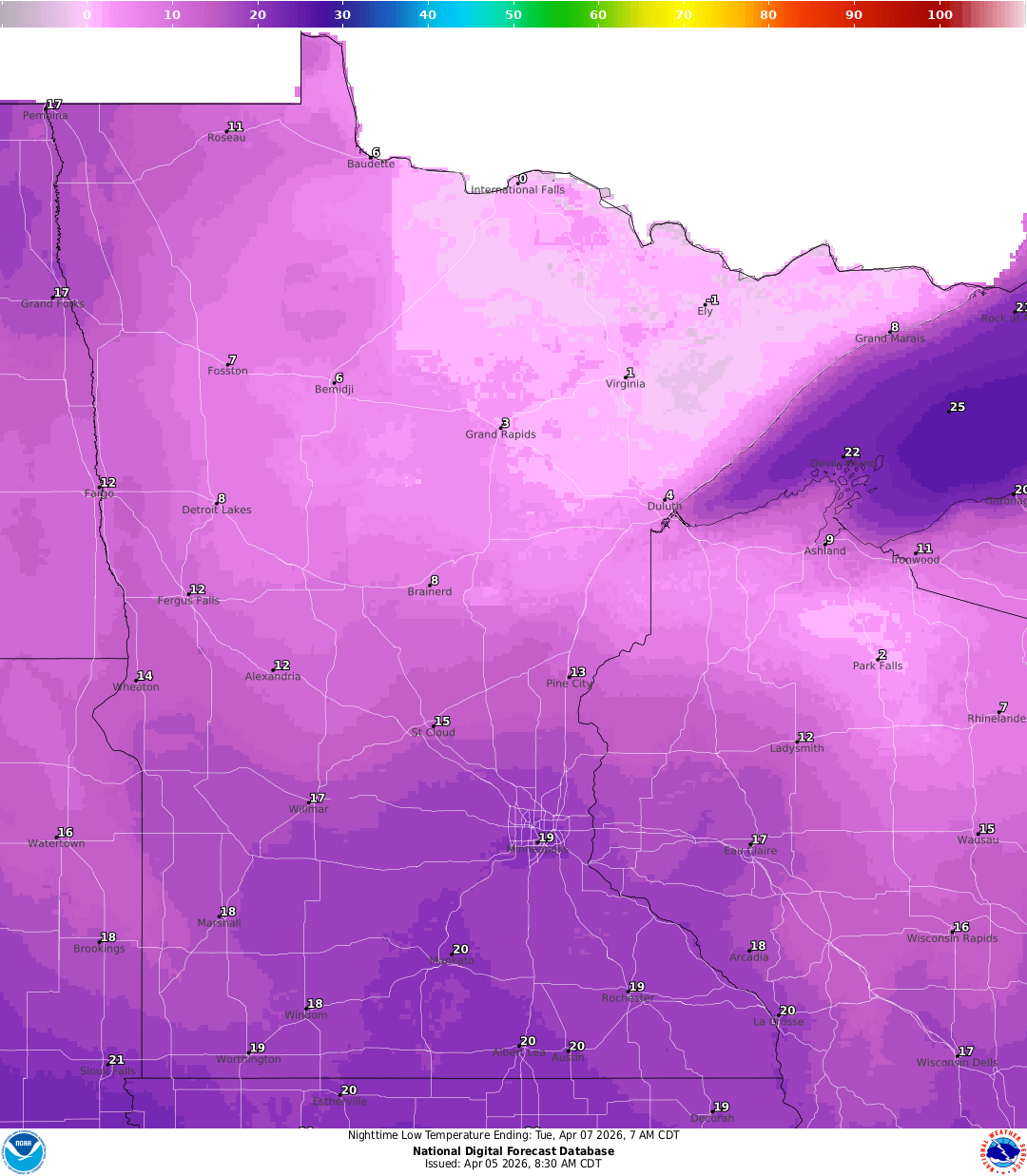 Lows for Monday night