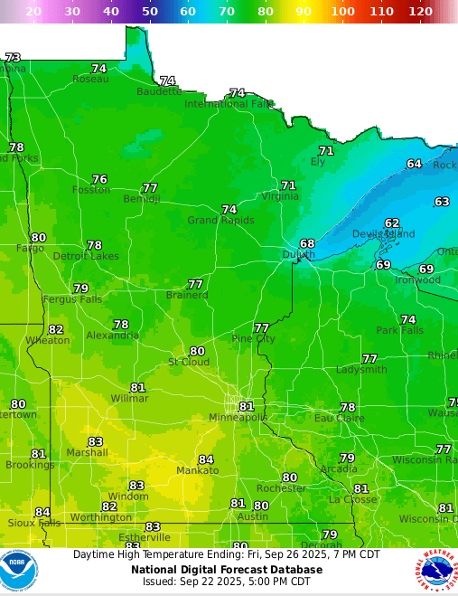 Forecast high temperatures Friday