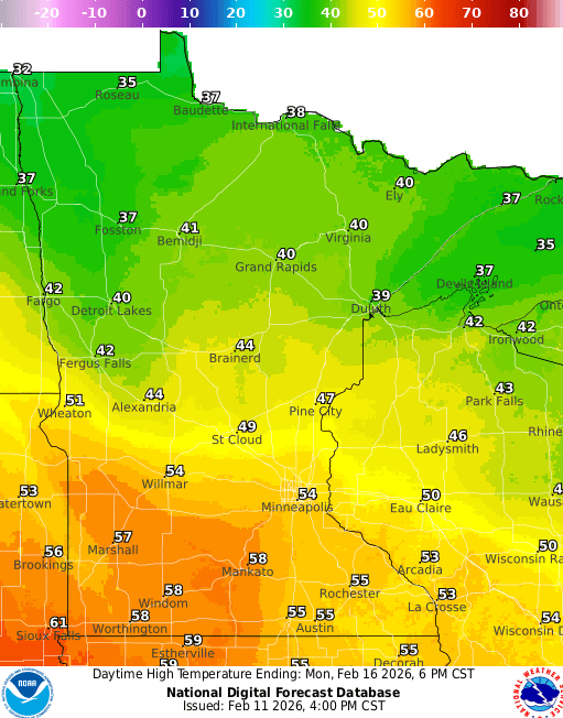 Forecast high temperatures Monday