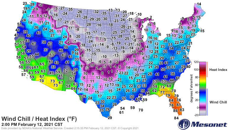 Wind chill temperatures Friday afternoon