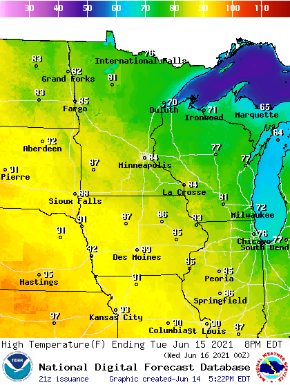 Forecast high temperatures Tuesday