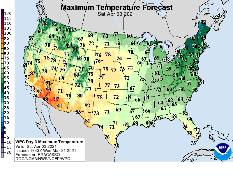 Forecast high temperatures Saturday