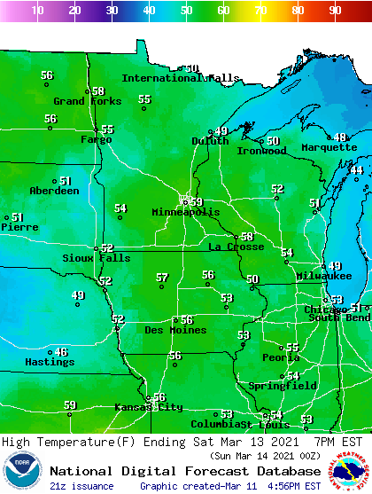 Forecast high temperatures Saturday
