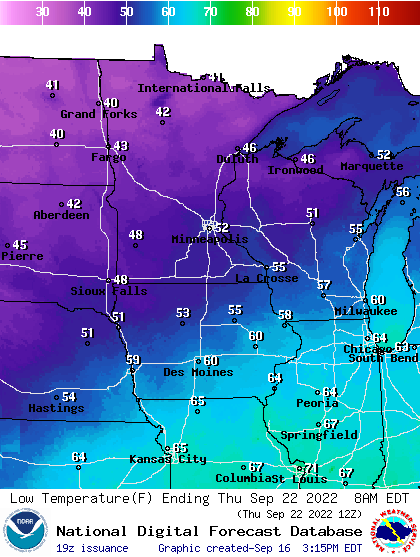 Forecast low temperatures Thursday morning