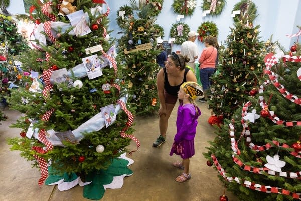 Two people looking at Christmas trees