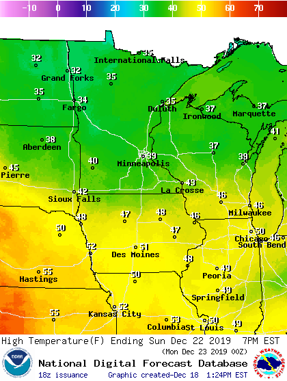 Forecast high temperatures Sunday