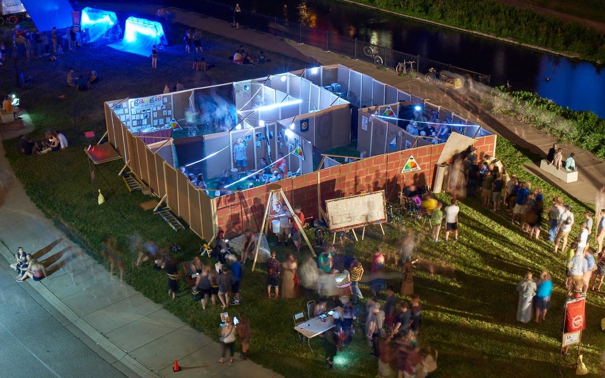 Henn. Co. librarians built the Night Library out of cardboard and props.