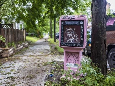 A pink newspaper box is seen