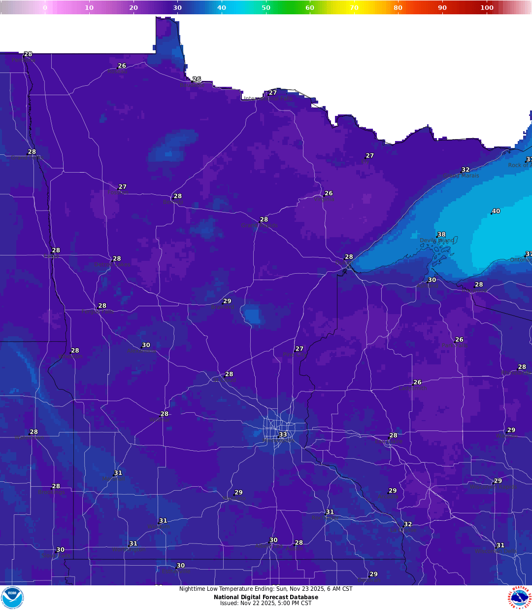 Lows for Saturday night