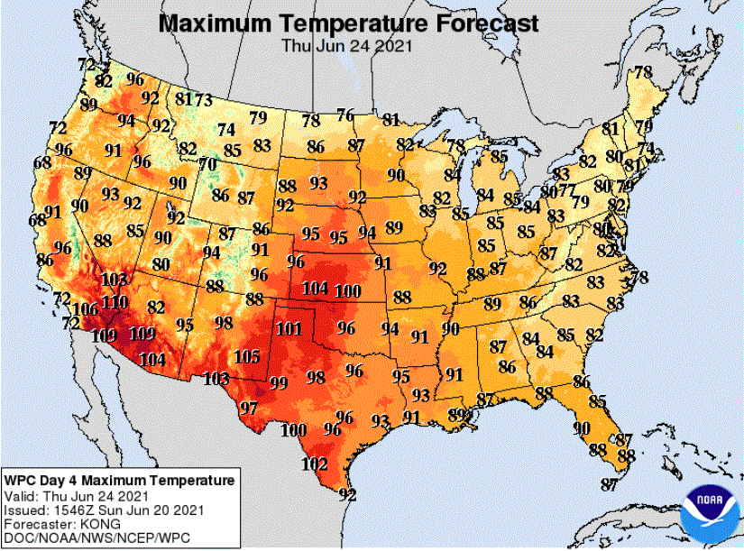 Forecast high temperatures for Thursday