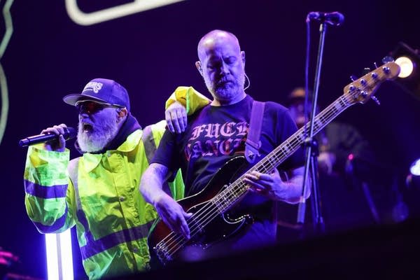 Fred Durst (L) and Sam Rivers from the US band "Limp Bizkit" perform onstage at the Estéreo Picnic Festival in Bogotá on March 21, 2024.
