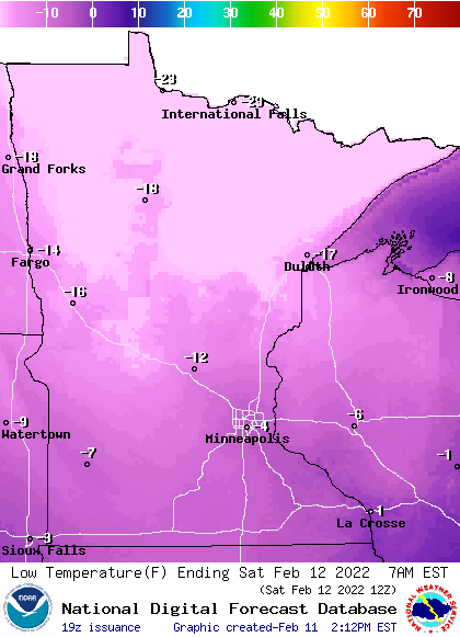 Forecast low temperatures Saturday morning