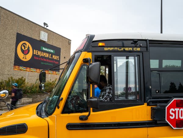 Busses arrive for the first day of school at Benjamin E. Mays Afrocentric Magnet in St. Paul on Sept. 8, 2026.
