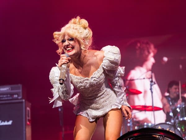 Amy Taylor of Amyl and the Sniffers wears an ornate gown.
