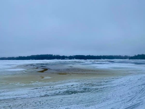 A view of ice with water emerging through cracks.