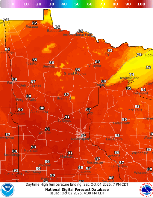 Forecast high temperatures Saturday