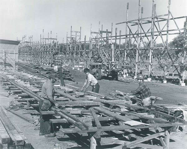 Black and white photo of roller coaster construction 