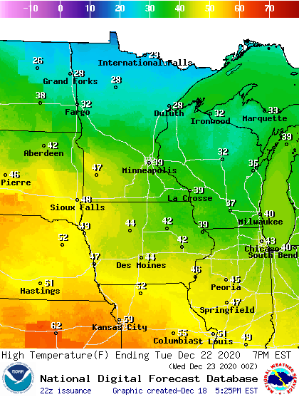 Forecast high temperatures Tuesday