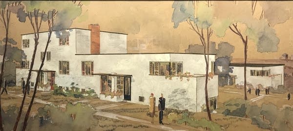 a painting of a modern house