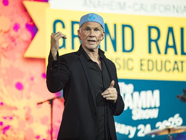 Chad Smith of Red Hot Chili Peppers speaks on stage during the NAMM Grand Rally For Music Education on Day 3 of 2026 NAMM Show at Anaheim Convention Center on January 24, 2026 in Anaheim, California.