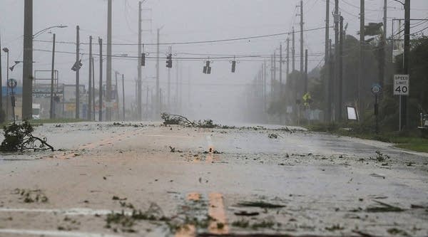 Lights were out today on Highway A1A in Cocoa Beach, Florida, from Hurricane Matthew's winds. 