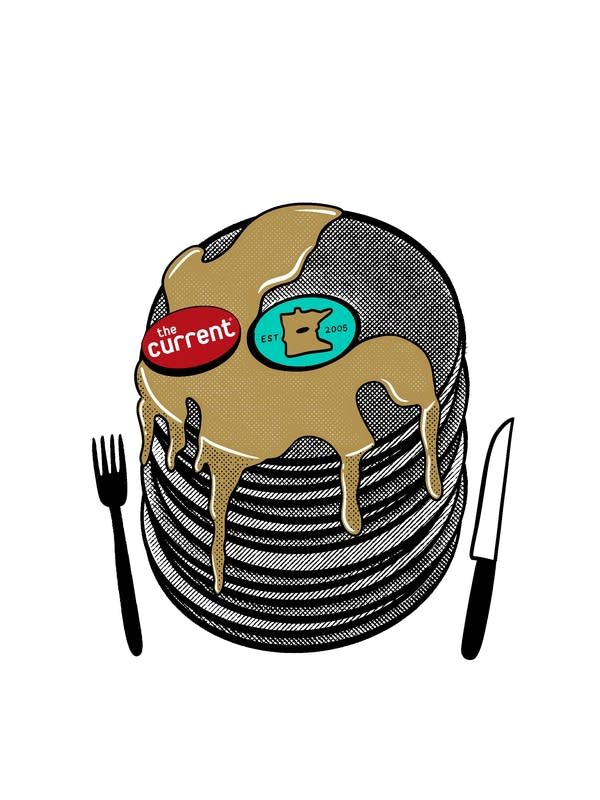 An illustration of a stack of records as pancakes drizzled in syrup