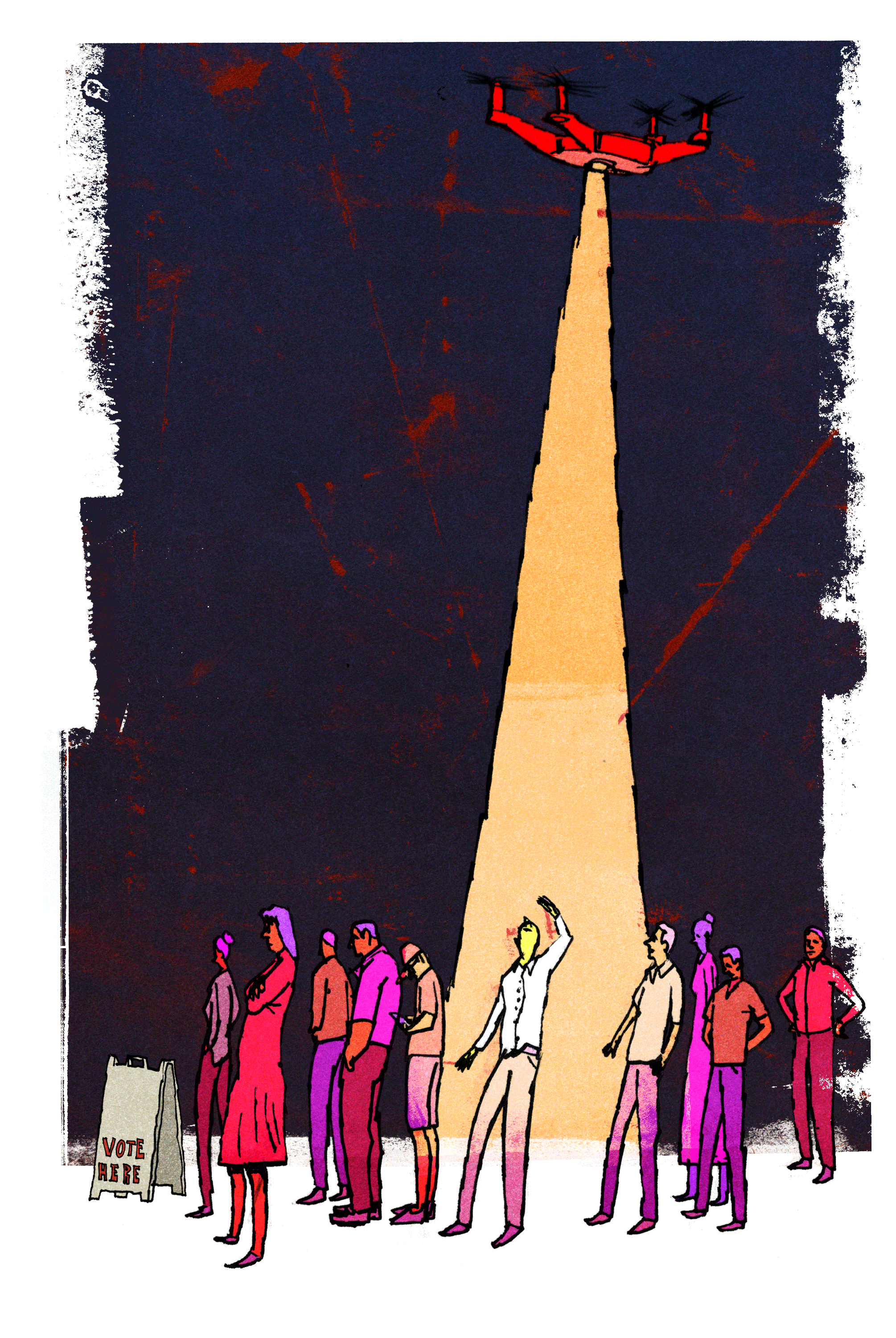 An illustration of a drone shining a spotlight on one person in a crowd.
