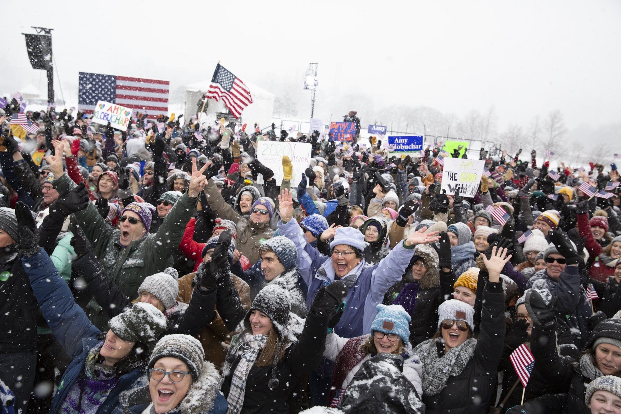 A large crowd gathers at a rally to hear U.S. Sen. Amy Klobuchar.