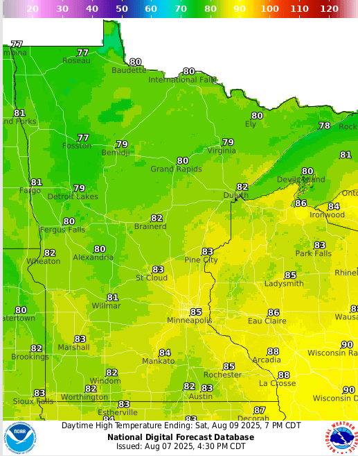Forecast high temperatures Saturday