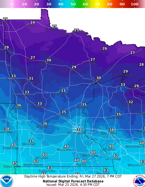 Forecast high temperatures Friday