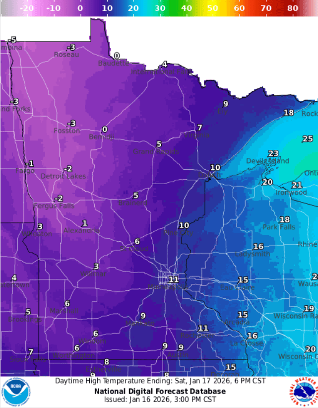 Forecast high temperatures Saturday