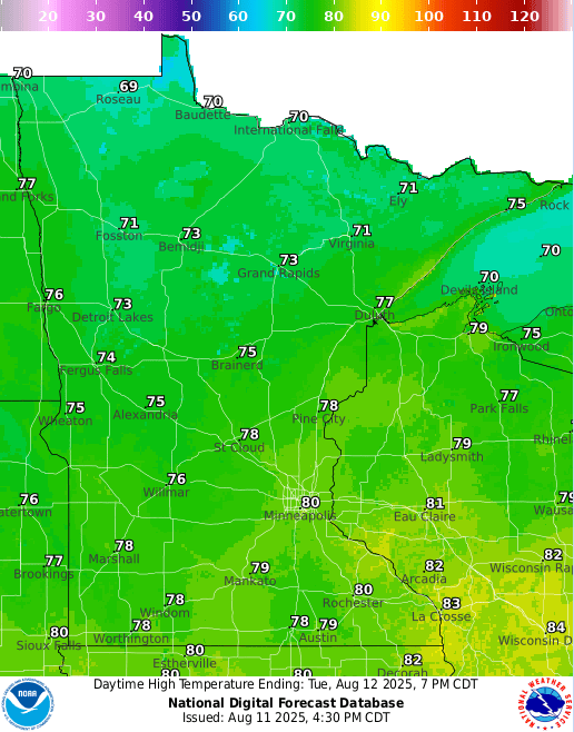 Forecast high temperatures Tuesday