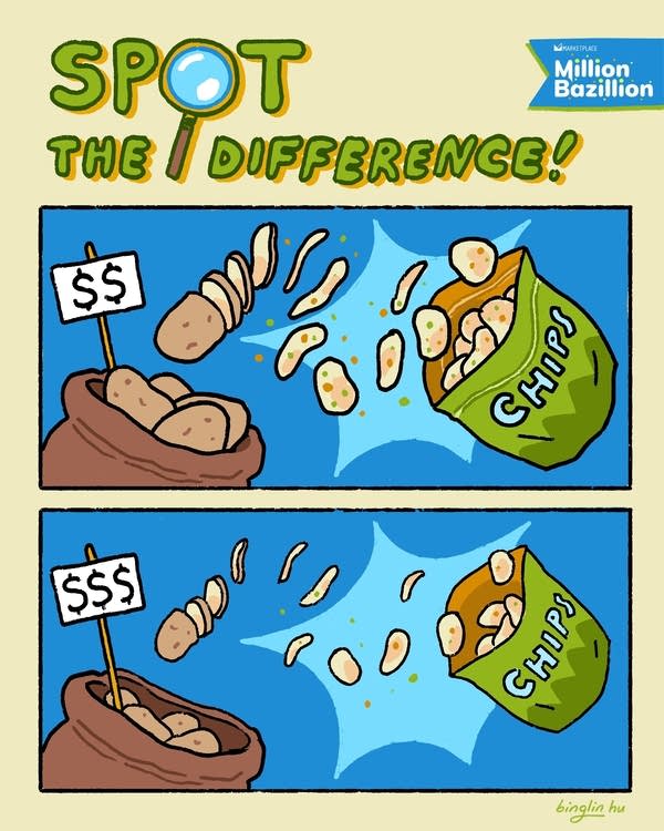 two drawings of a pot of potatoes being sliced into a bag of chips, green text says spot the difference at the top