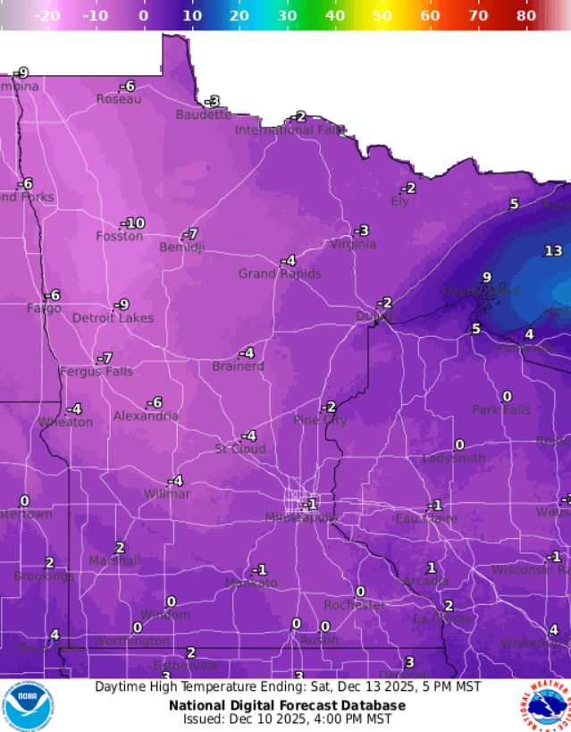 Forecast high temperatures Saturday