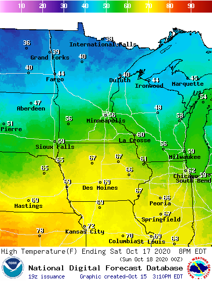 Forecast high temperatures Saturday