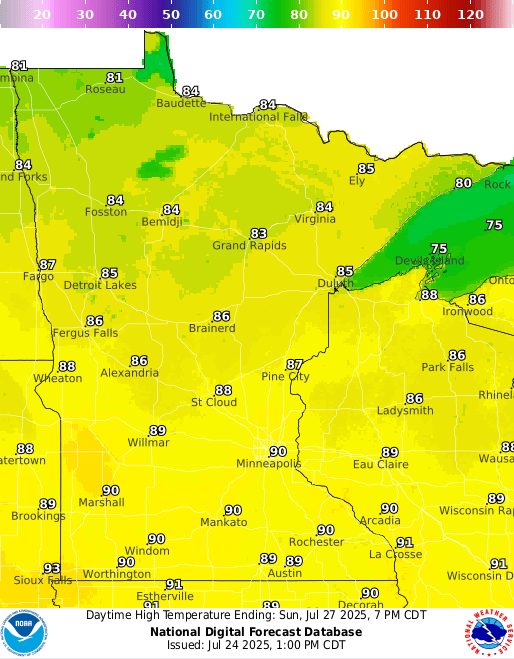 Forecast high temperatures Sunday