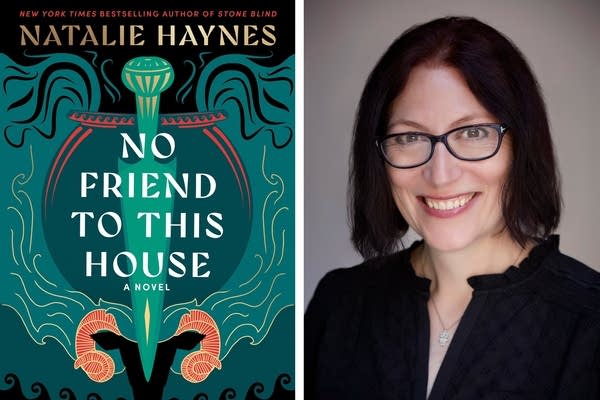 A side-by-side of an author and a book cover of "No Friend to This House