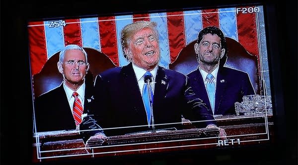 President Donald Trump appears on a television camera monitor as he delivers the State of the Union address on Jan. 30, 2018, in Washington, D.C.