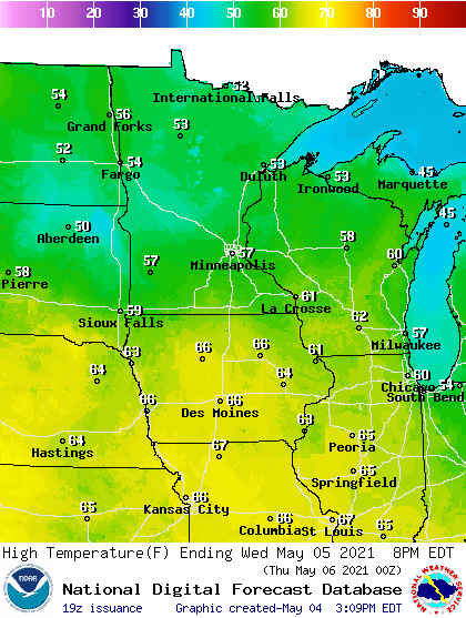 Forecast high temperatures Wednesday