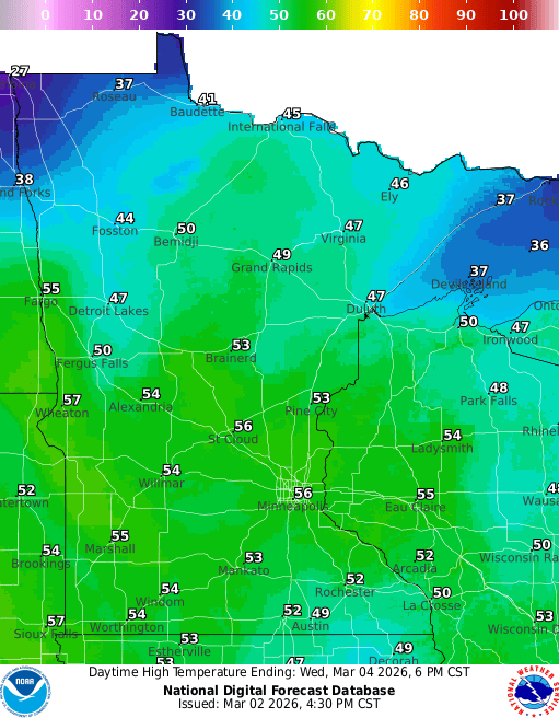 Forecast high temperatures Wednesday