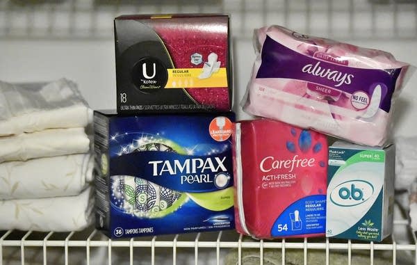 Menstrual products sitting on a shelf