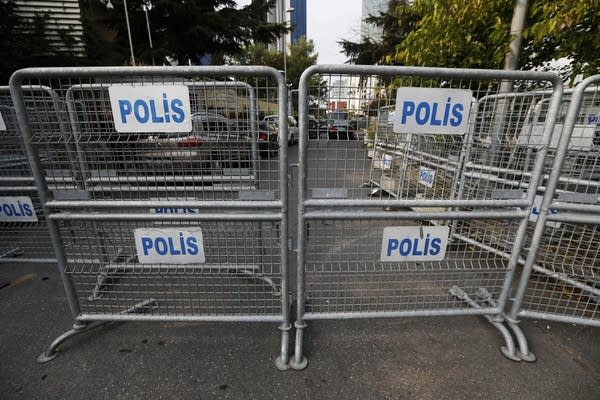 Barriers block the road leading to Saudi Arabia's consulate in Istanbul.