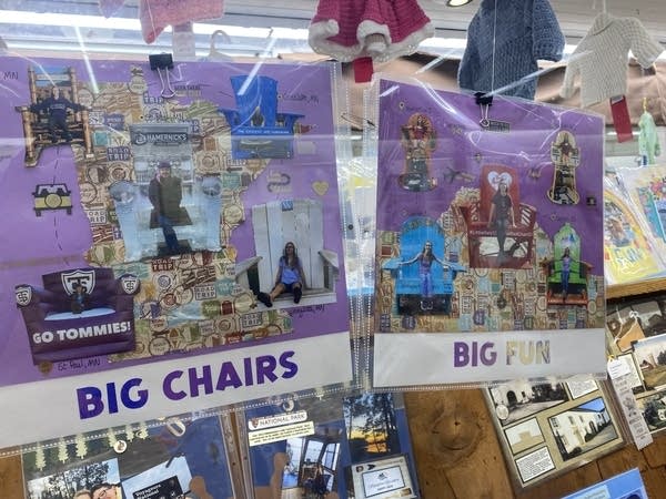 Two collages featuring photos of people in oversized chairs. Text reads, "BIG CHAIRS, BIG FUN."