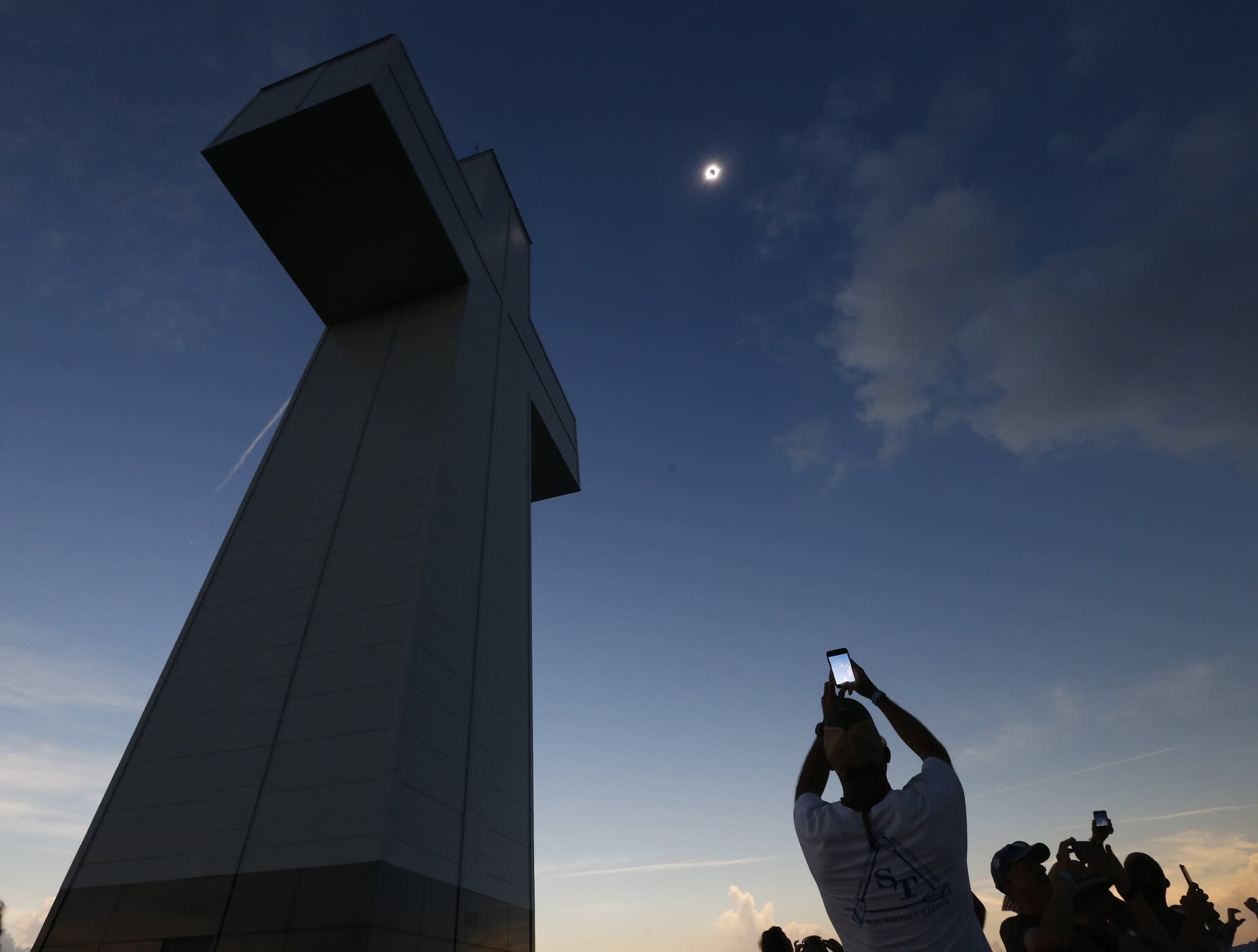 A total eclipse is seen above the Bald Knob Cross of Peace in Illinois.