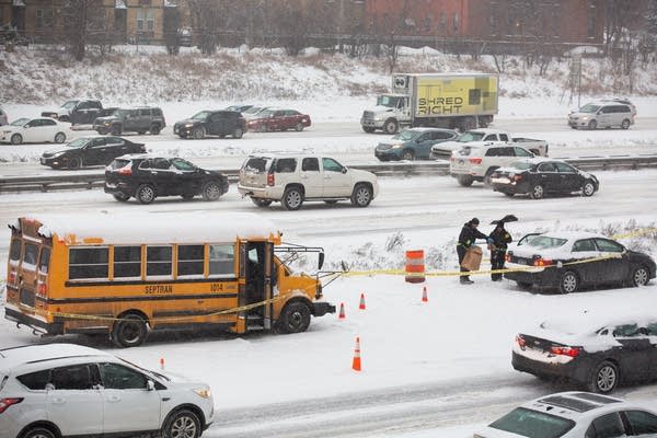 A school bus driver was shot along an interstate in Minneapolis.