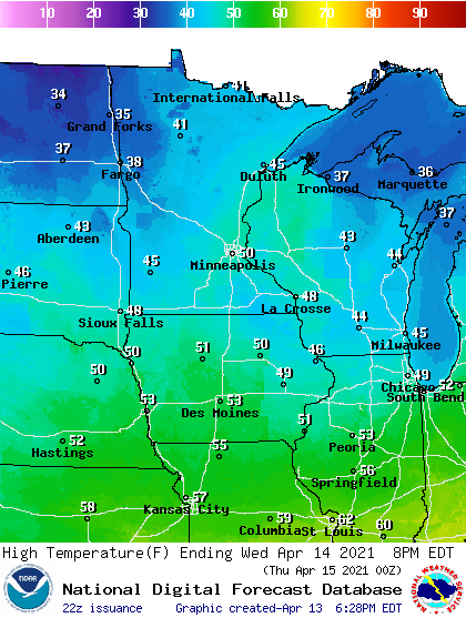 Forecast high temperatures Wednesday