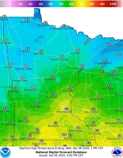 Forecast high temperatures Wednesday
