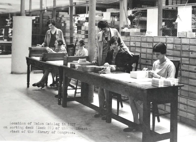 Union catalogers at work at the Library of Congress in 1927.