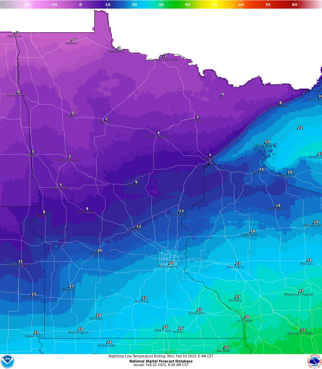 Lows for Sunday night